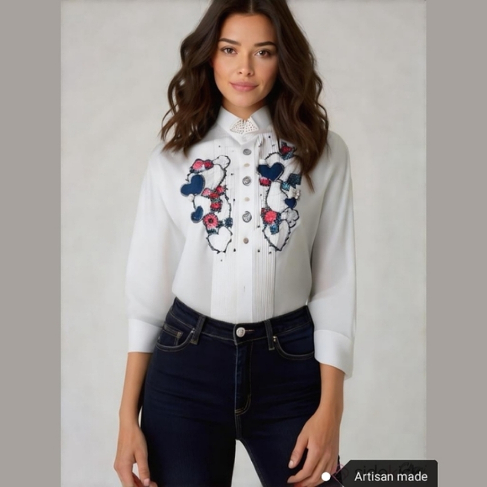 VINTAGE White top blouse tuxedo shirt Artisan